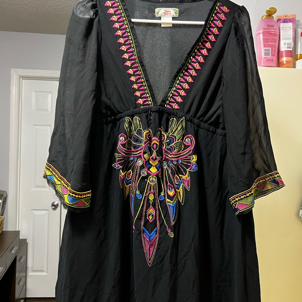Embroidered V Neck Black Dress with Colorful Accents